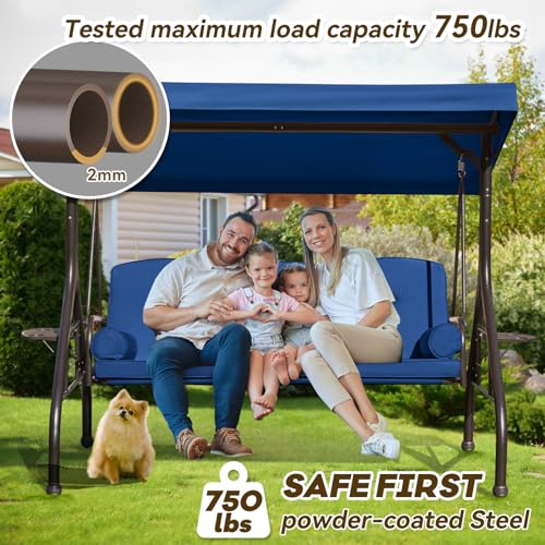 Image of 3 in 1 Outdoor Porch Swing with Adjustable Canopy, 3 Seat Outdoor Swing for Adults, Patio Swing Chair with Thickened Cushions,Pillows & Cup Holders for Backyard, Porch, Garden (Blue)