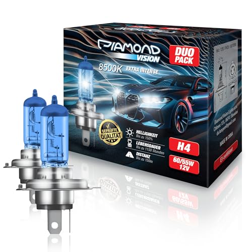 Diamond Vision 2x H4 12V 60/55W | Xenon Look | Halogen KFZ Autolampen | 8500k Super Ultra White | zweimal so langlebig | Duobox | E-Prüfzeichen | P43t