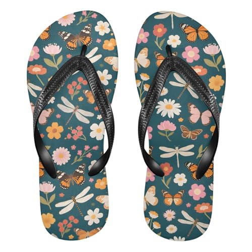 ALAZA Dragonfly Butterfly Flowers Flip Flops for Women Fashion Beach Slippers Comfort Mens Flip Flops Non-Slip Rubber Shower Slippers Sandal for Hotel Travel Sport,XS