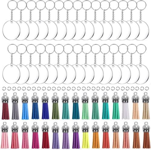 KINGFOREST 120PCS Acrylic Keychain Blanks Kit - 30 Keychain Rings 30 Jump Rings 30 Clear Discs 30 Tassels - DIY Craft Supplies for Jewelry Making Vinyl Stickers & Personalized Gifts
