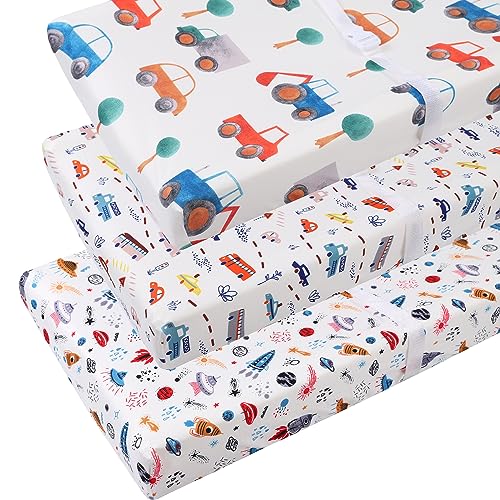 Image of Tontukatu Changing Pad Cover Set 3 Pack Jersey Knit Ultra Soft for Baby Boys Girls Rocket Satellite/Car/Bus