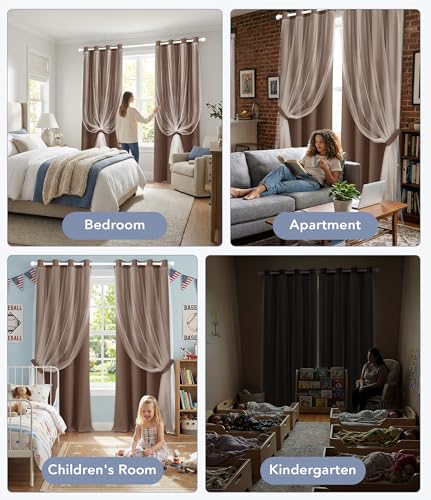 Image of 100% Blackout Curtains with Sheer Overlay, Brown, 52 x 63 inch, 2 Panels | For Bedroom Living Room Window, Room Darkening, Thermal Insulated, Grommet Top, Summer Heat Blocking, Double Layer Design