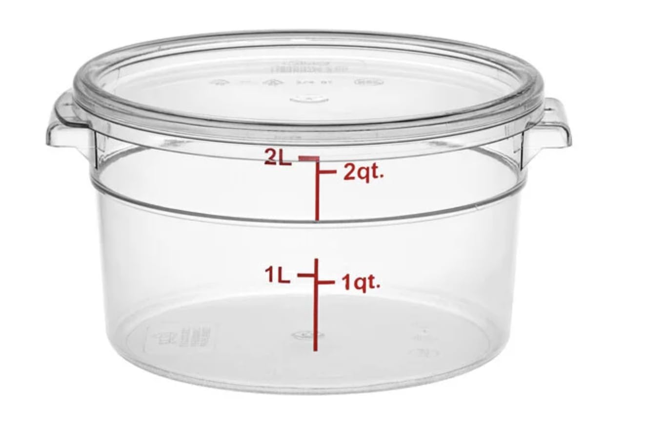 Récipient de conservation alimentaire rond transparent de 2 l avec couvercle, polycarbonate de qualité commerciale, empilable pour cuisine et restaurant