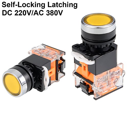 Sourcingmap 22mm Latching Push Button Switch Yellow Round Flat Button DPST 1 NO 1 NC, Yellow Latching-4pin - Image 2