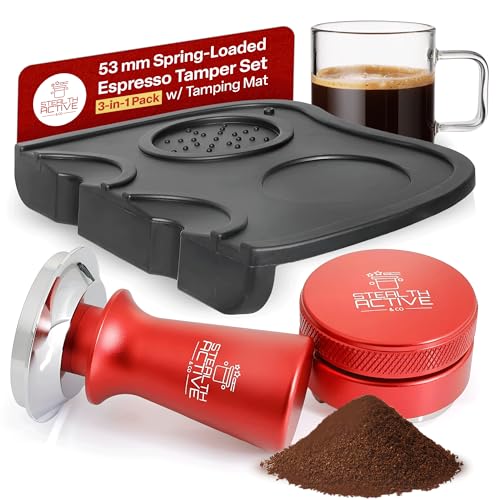 StealthActive&Co 53mm Espresso Tamper 3 in 1 Set Compatible with 54mm Filter - Spring Loaded Espresso Machine Tamper with Aluminum Handle, Espresso Distribution Tool, and Non-Slip Tamping Mat