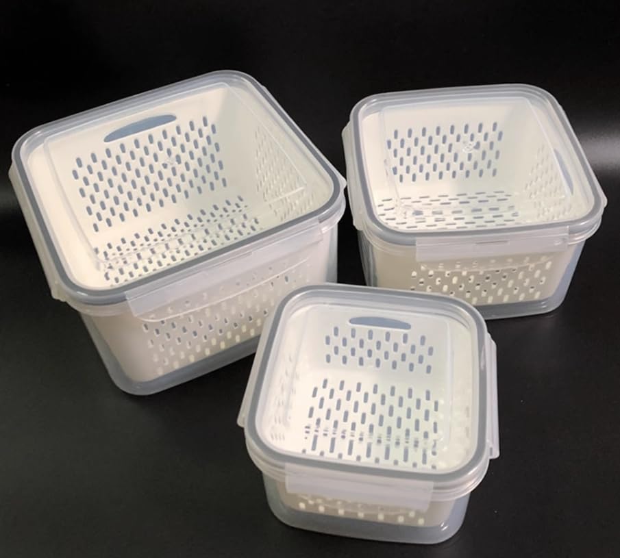 MENAYODA Fiambreras para frutas y verduras con tapa, juego de 3 organizadores para frigorífico con tapa, escurridor, sin BPA, apilables para frutas y verduras (cuadrado)