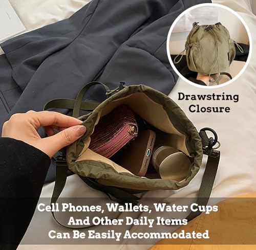 Small Drawstring Bucket Bag For Women Nylon Crossbody Purse Bag Adjustable Shoulder Strap Lightweight Travel Tote Handbags4