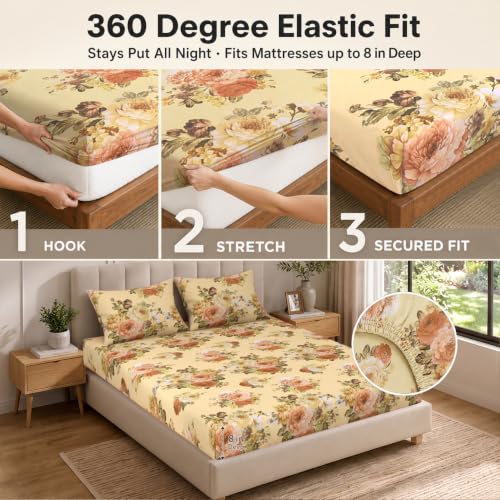 Image of Cloth Fusion Glace Cotton Elastic Fitted Bedsheet King Size 78x72 inch | Blush Bouquet, 2 Pillow Covers, 165 TC, Soft, Cotton Blend, 360 Grip, Fits Up to 8 in Mattress, Quick-Drying