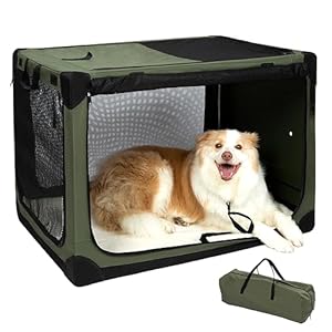 36 Inch Stainless Steel Collapsible Dog Crates for Large Dogs, 4-Door Soft Sided Dog Kennel for Travel, Portable Foldable Pet Crate with Durable Mesh Windows, Indoor & Outdoor, Olive Green