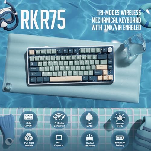 Image of RK R75 Gaming Keyboard Wireless Mechanical Keyboard with RGB Backlit, PBT Keycaps for Mac Windows Linux - Wireless Blue, Cream Switch