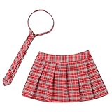 Nyeemya Falda Plisada Mujer a Cuadros con Corbata Falda de Tenis Escuela Uniforme Falda Corta Escocesa Elástica A Rojo S