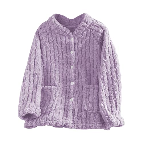 Keepink Women Pajama Tops Cozy Flannel Shirt Fuzzy Fleece Bed Jackets V Neck Button Down Cardigan Sleepwear Long Sleeve Plush Warm Winter Coat With Pockets Comfort Loungewear Homewear