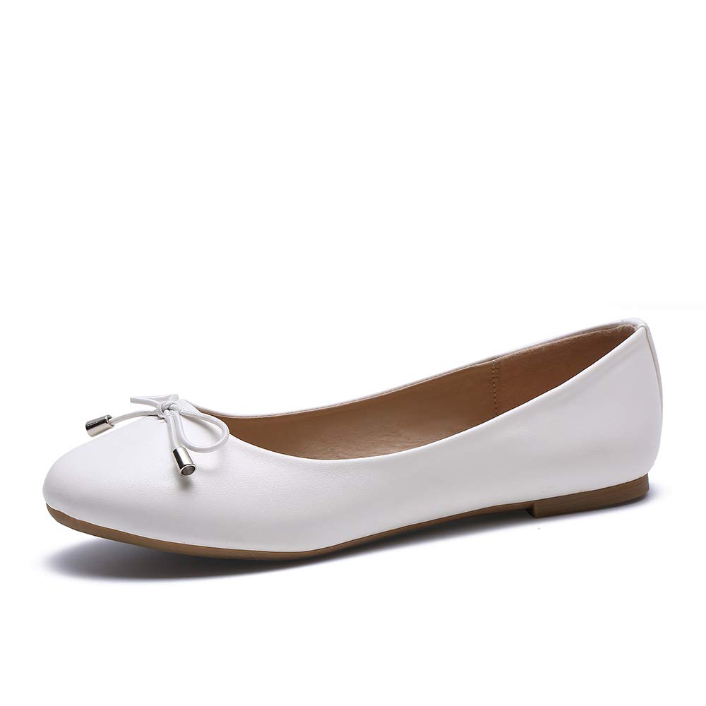 SYCO Women's Ballet Flat Classic Round Toe Slip on Casual Comfort Walking Shoes, Sy001-white Pu, 9