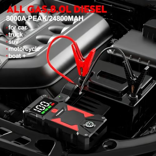 Image of FNNEMGE Car Jump Starter, 8000A Peak 24800mAh 12V Jump Starter Battery Pack(Up to All Gas, 8.0L Diesel Engine),with USB Charge Output Port,LED Light,HD Large Screen,EC-5 Output.