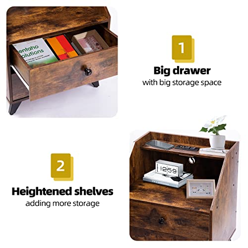 Nightstand With Charging Station And Usb Ports, Large Nightstand With Drawers, W17.7”Xd15.7"Xh24" Wide And Deep Sofa End Table Charging Station With Storage , Bedside Table Open Shelf Livingroom #TOP7