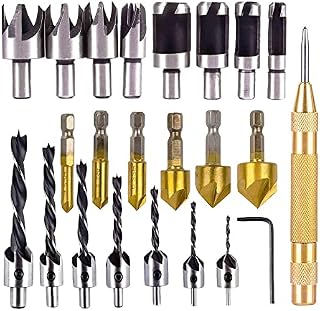 23pcs Countersink Drill Bit Set,6 Countersink Drill Bits, 7 Three Pointed Countersink Drill Bit with L-Wrench, 8 Wood Plug Cutter Drill Bits,for Wood DIY Door Window Cabine