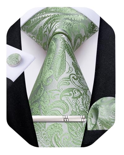 Image of DiBanGu Silk Floral Ties for Men Woven Paisley Necktie and Tie Clip Handkerchief Cufflinks Set for Party Wedding