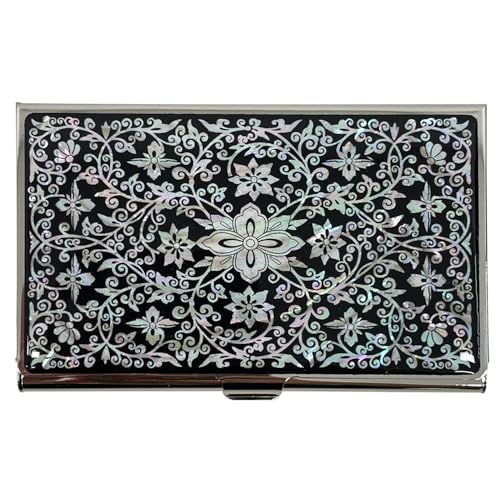Image of Mother of Pearl Business Card Case Credit Id Name Holder Travel Wallet Art Painting Design Metal Stainless Steel Engraved Slim Purse Pocket Cash Money Wallet (Arabesque)