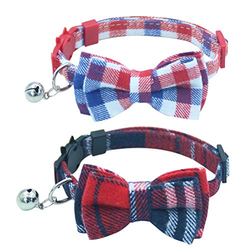 Cute Bowtie Cat Collar Breakaway with Bell 2 Pack Plaid Collar Set for Kitty Puppy Adjustable 7.8-10.2