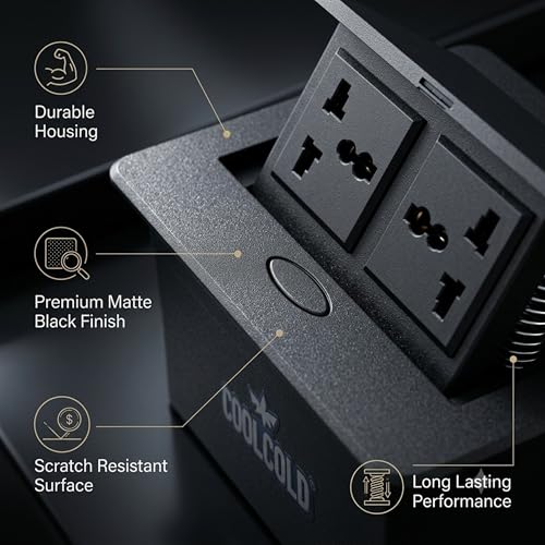 Image of COOLCOLD Hydraulic Cable Cubby Pop Up, with 2 Power Socket, Cable Manager Electrical Box | Flip-Top Hidden Desk Module for Office, Home & Conference Table | Space-Saving Flush Mount Design