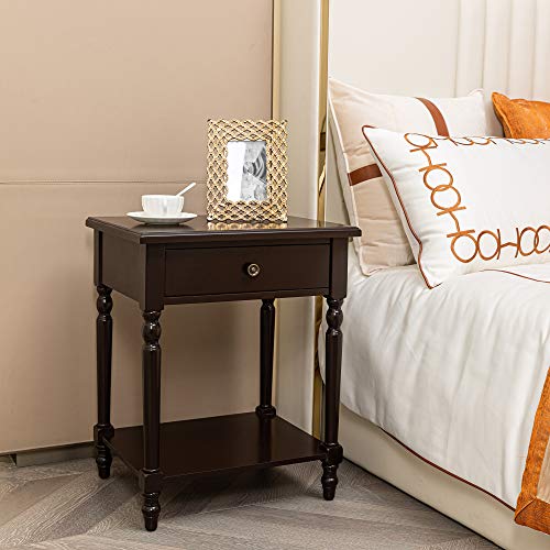 HAWOO Nightstand with Drawer and Storage Shelf End Table Wooden Bedside Table, Multi-Purpose Accent Table Living Room Bedroom Home Furniture,Dark Brown