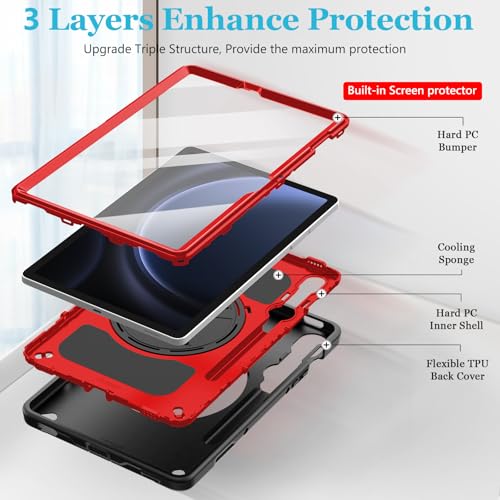 Image of Case for Galaxy Tab S10 Lite &S10 FE S9 FE 10.9 inch /S9 11 Inch: TPU Cover for Samsung Tablet S10 FE / 2025 / S9 FE & S9 2023 5G with Screen Protector- Stand- Handle-Shoulder Strap-S-Pen Holder-Red+Black