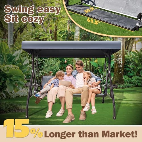 Image of ZZW 3 Person Patio Swing Outdoor Swing for Adults with Adjustable Canopy &Upgraded Cup Holders Textilene Fabric Porch Swing Chair with Stand Heavy Duty 800 LBS