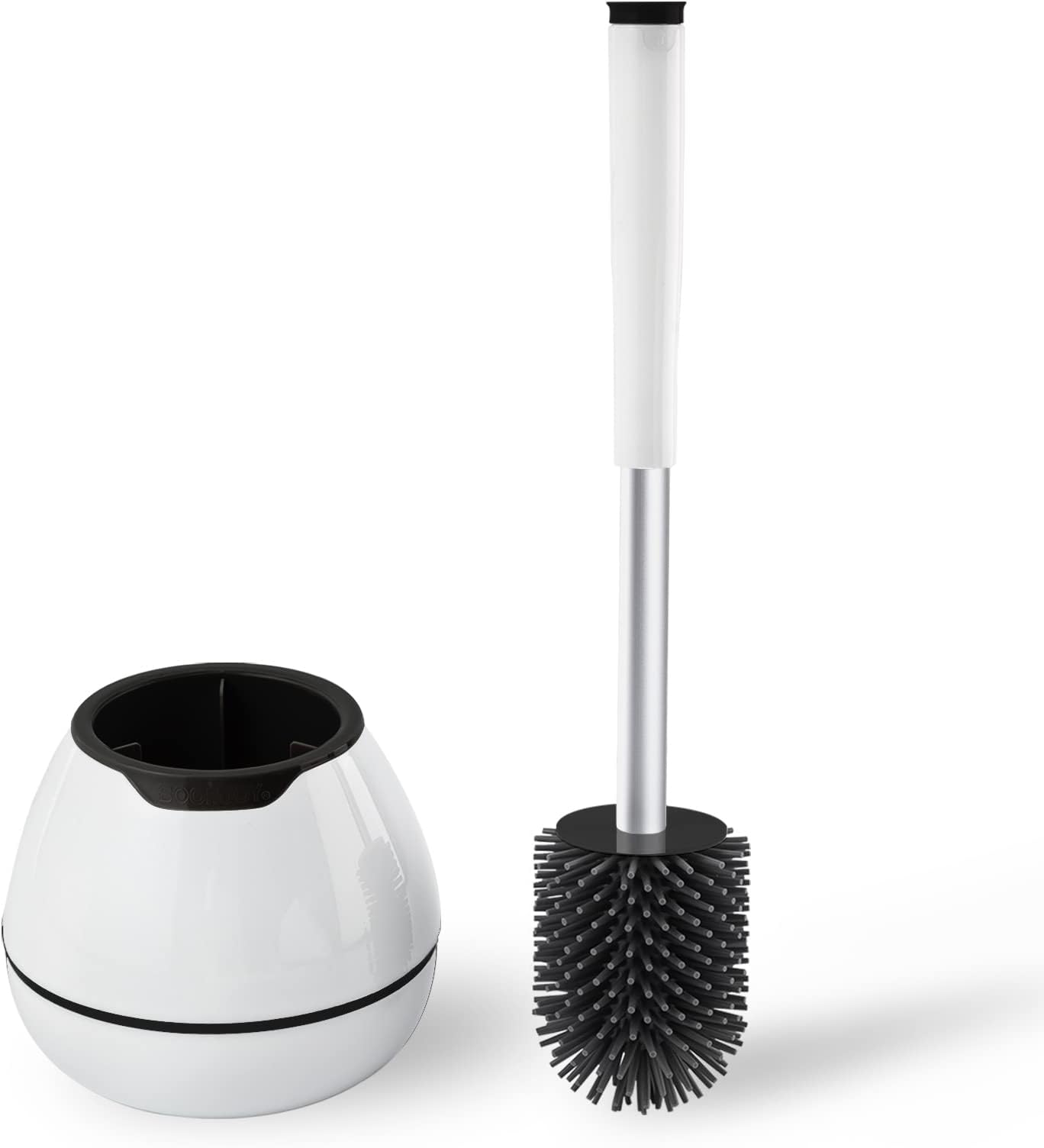 BOOMJOY Toilet Brush with Holder, Silicone Toilet Bowl Brush with Tweezers for Bathroom, RV- White & Black