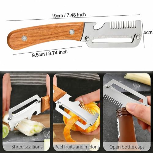 Image of 3 in 1 Multifunctional Fruit & Vegetable Peeler with Wooden Handle | Stainless Steel Kitchen Peeler with Built-in Grater & Bottle Opener | Vegetable Cutter for Potato, Carrot, Cucumber & Fruit