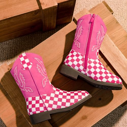 kkdom Girls Cowgirl Boots Mid Calf Square Toe Western Boot for Kids Glitter Cowboy Boot Riding Shoes for Toddler Little Big Girls4