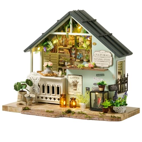 TuKIIE DIY Miniature House Kit with Furniture, 1:24 Scale Creative Room Mini Wooden Dollhouse Book Nook Plus Dust Proof & Music Movement for Kids Teens Adults(Plants Studio)