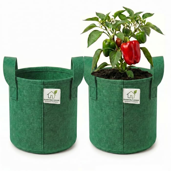 Image of 400 GSM Geo Fabric Round Grow Bags 9x9 Inch with Handle, Green Planting Bags for Terrace and Kitchen Gardening Pack of 2