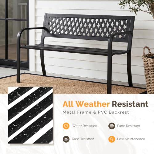 Image of VINGLI 47'' Outdoor Bench, Weather Resistant Garden Patio Bench Powder Coated Iron Frame w /PVC Mesh Backrest Slatted Seat, 2-Person Outdoor Furniture for Front Porch Entryway Park (Black)