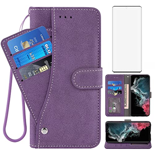 Asuwish Compatible with Samsung Galaxy S22 Ultra 5G Wallet Case and Tempered Glass Screen Protector Flip Credit Card Holder Cell Accessories Phone Cover for Gaxaly S22ultra 22S S 22 22ultra G5 Purple