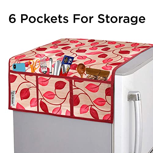 Image of Polyester 3-Layered Fridge Top Cover /Refrigerator Cover With Utility Pockets and Set of 4 Pc Fridge Mats (Colour- Red, Size-39x21 Inches)