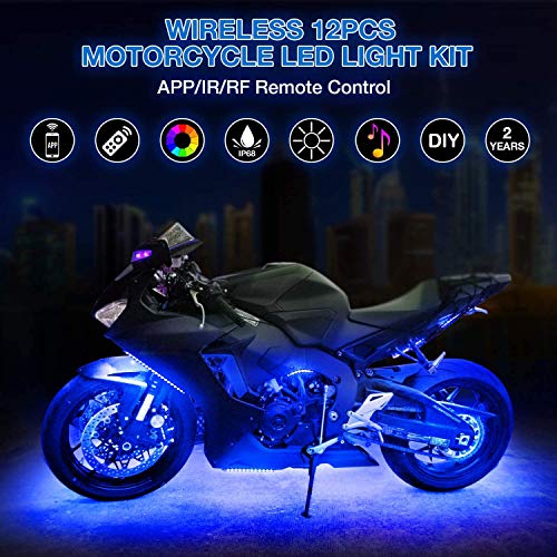 AMBOTHER 12Pcs Motorcycle LED Light Kit Strips RGB Waterproof with APP IR RF Wireless Remote Controllers Multi-Color Underglow Neon Ground Effect Atmosphere Lights