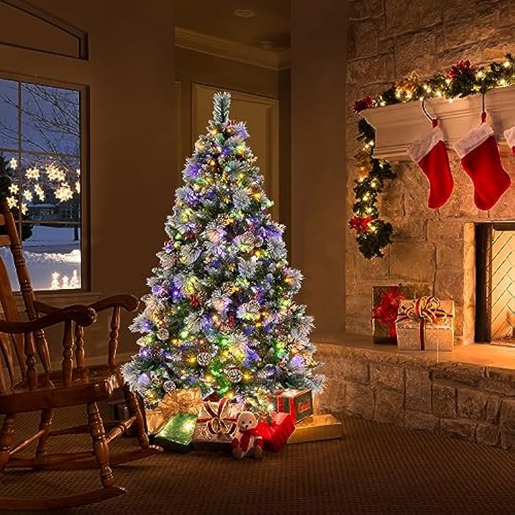 GOFLAME 6FT Pre-Lit Christmas Tree with Pine Needles, Hinged Artificial Xmas Tree with 747 Branch Tips, 350 LED Lights, 55 Pine Cones & 55 Red Berries, Holiday Decoration Tree with 11 Lighting Modes