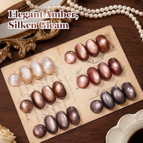 Image of Beetles Brown Cat Eye Gel Nail Polish Set - Gilded Amber 6 Colors 15ML Full Size Glitter Gel Polish Kit Glass Cat Eye Magnetic Effect Soak Off UV Nail Art Salon DIY at Home Fall Winter Nails