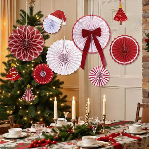 Image of Christmas Paper Fan Decorations Christmas Decorations Classroom Red Hanging Paper Fans 10PCS with Santa Hat Gold Stars for Xmas Winter New Year Wall Ceiling Party Holiday