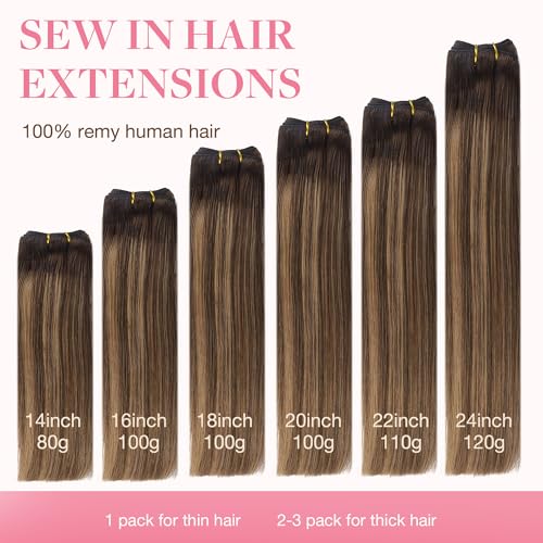 Image of GOO GOO Sew in Hair Extensions Real Human Hair, Weft Hair Extensions Human Hair, 4 /27 /4 Balayage Chocolate Brown to Caramel Blonde 24inch 120g, Weft Bundles Straight Silky Remy Hair