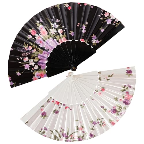 Ysqool 2-Pack Silk Folding Hand Fans,Large Folding Handheld Fans,Black & White Chinese Vintage Flower Silk Foldable Fans for Women Girls Dancing Cosplay Wedding Party Gifts Props Decoration