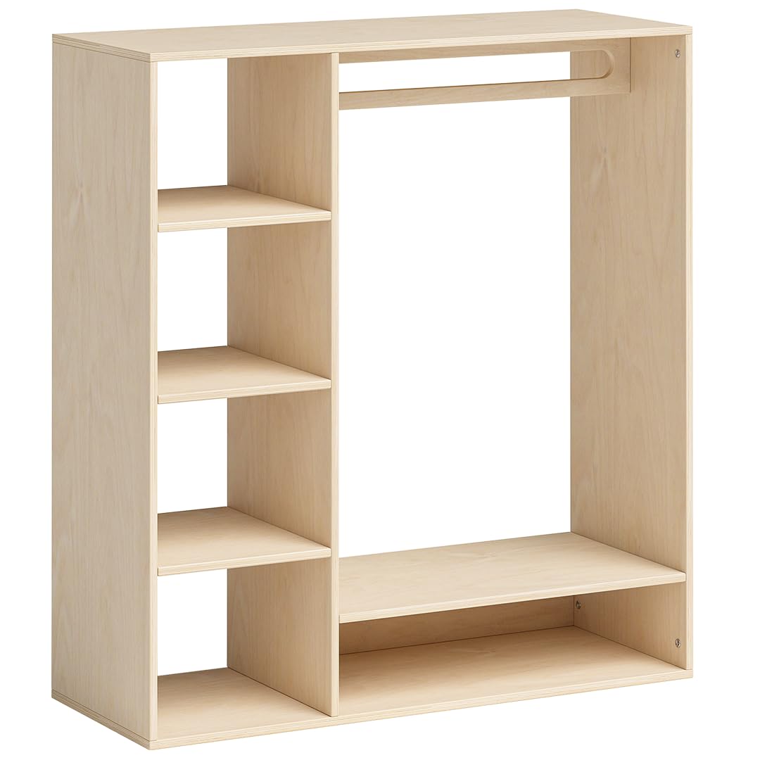 Bellabino Tea Kindergarderobe – Kleiderständer mit 6 Ablageflächen & 1 Kleiderstange in Natur – Montessori Kleiderschrank aus Birkenholz unbehandelt – Garderobe für Kinder – Kinderregal 114x40x105 cm