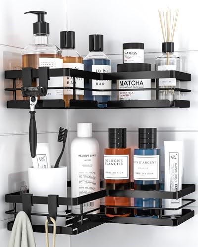 Kitsure Duschablage ohne Bohren – 2er-Set stabiles Duschregal ohne Bohren mit Schnellablauf, rostfreiem Finish und starker Klebebefestigung für Badezimmer, 22,0 x 22,0 x 5,0 cm, Schwarz