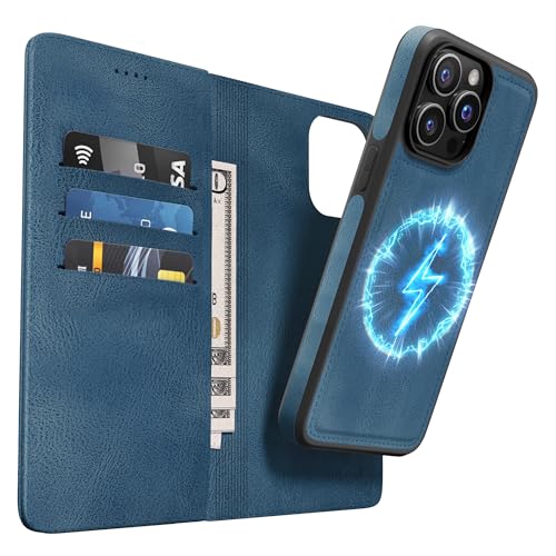 OASISBLUE Handyhülle für iPhone 14 Pro Hülle [2-in-1 Magnetisch Abnehmbar] Kabelloses Laden Kompatibel Stoßfest Schutzhülle PU Leder Klapphülle - blau