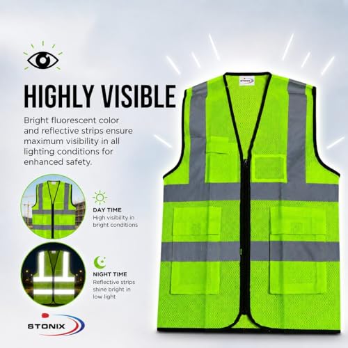 Image of STONIX High Visibility Safety Jacket for Men - Reflective Work Vest with Pockets, Breathable & Durable for Construction, Industrial & Outdoor Work, (Green, Pack of 1,2,5)