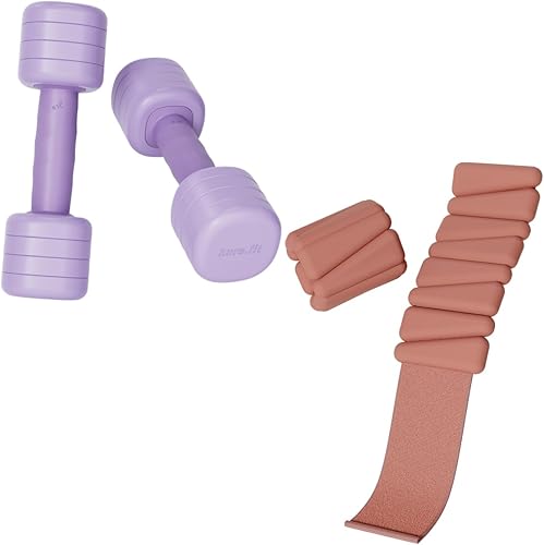 Paquete de mancuernas ajustables moradas (5 libras) y pesas de tobillo ajustables rosas (1 libra)