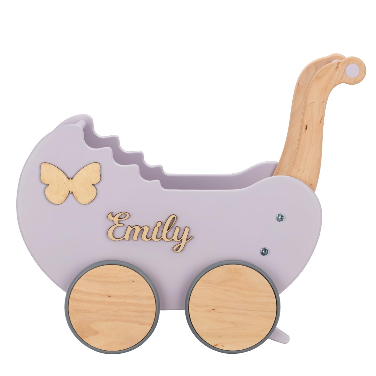 Puppenwagen ab 1 Jahr - Individuell mit Namen - Handgefertigter Puppenwagen - Holzpuppenwagen - Sicher Abgerundete Kanten - Ausdrucksstarke und Schöne Farben (Lavendel)