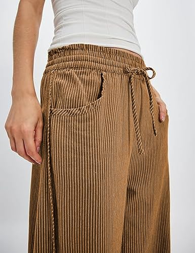 Women's Striped Barrel Pants Drawstring Waist Wide Leg Trousers Pockets Casual Comfort for Office Lounge Travel4