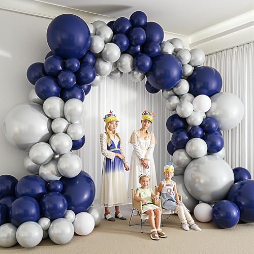 Image of 412Pcs Navy Blue and Silver Balloons Arch Garland Kit,5 10 12 18 inch Navy Blue White Silver Balloons for Birthday Wedding Graduation Anniversary Decorations