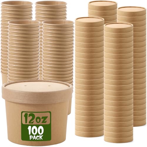 Image of Fulmoon 12 oz 100 Pack Paper Containers with Lids Soup Bowl Cup, Brown | Disposable Ice Cream Cup, Kraft Food Containers with Vented Lid Stackable for Hot Soup Dessert Cake Fruit Microwave Takeout